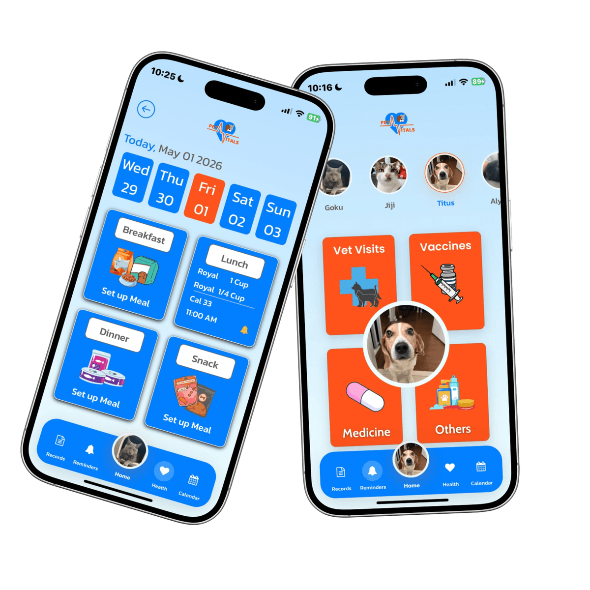 Two PetVitals app screens showing pet profiles, reminders, and health records